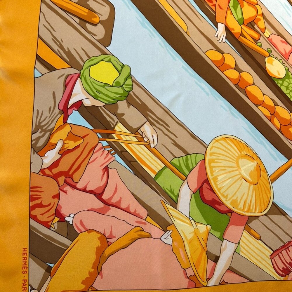 Hermes Silk "Marche Flottant Du Lac Inle II" Scarf Tangerine Color w Blue - Picture 10 of 16
